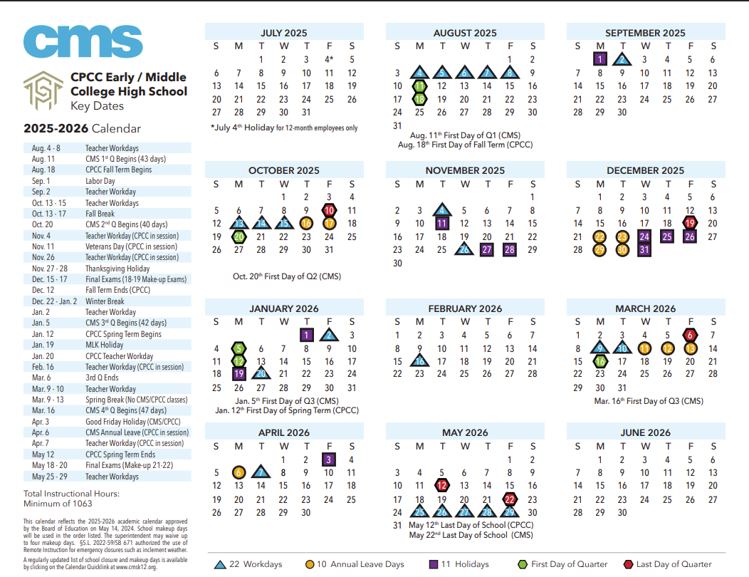  CPCC Early College High School 2025-2026 Calendar